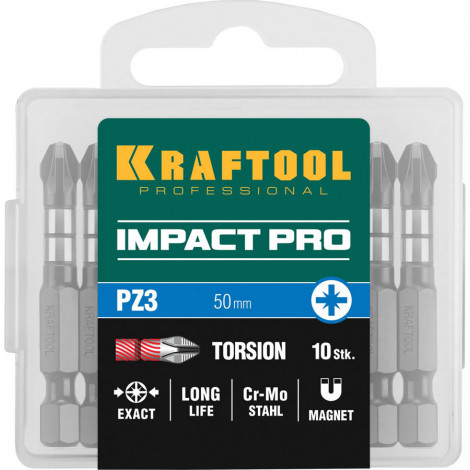 Биты для шуруповёрта KRAFTOOL 50 мм 10 шт PZ3 Impact Pro 26193-3-50-S10