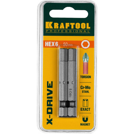 Биты для шуруповёрта KRAFTOOL HEX6 50 мм 2 шт X-DRIVE 26127-6-50-2