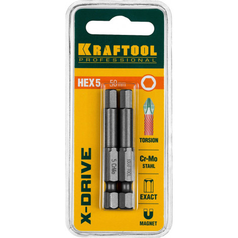 Биты для шуруповёрта KRAFTOOL HEX5 50 мм 2 шт X-DRIVE 26127-5-50-2