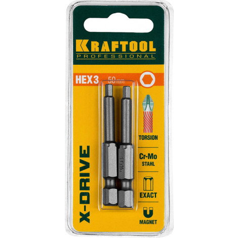 Биты для шуруповёрта KRAFTOOL HEX3 50 мм 2 шт X-DRIVE 26127-3-50-2