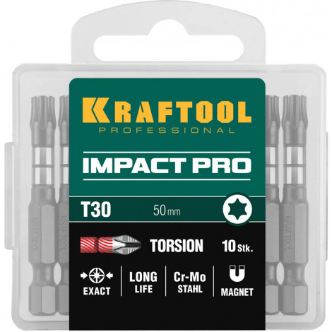 Биты для шуруповёрта TORX KRAFTOOL TX30 50 мм 10 шт TORX Impact Pro 26195-30-50-S10