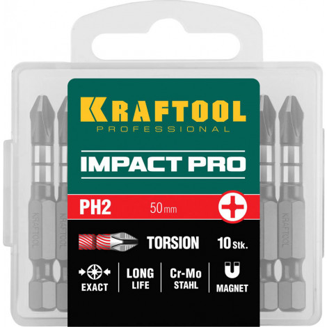 Биты для шуруповёрта KRAFTOOL PH2 50 мм 10 шт Impact Pro Philips 26191-2-50-S10