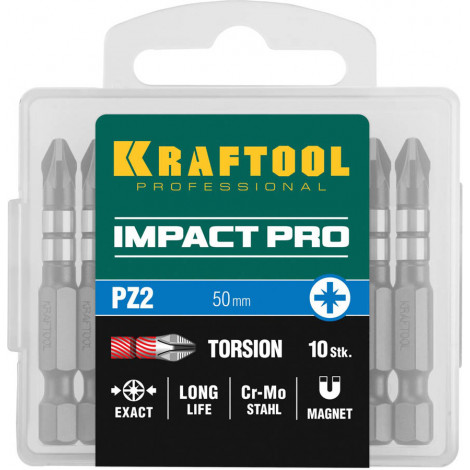 Биты для шуруповёрта KRAFTOOL 50 мм 10 шт PZ2 Impact Pro 26193-2-50-S10