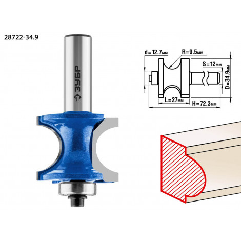 Фреза кромочная полустержневая с подшипником ЗУБР d=34.9 мм 28722-34.9