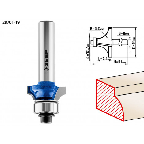 Фреза кромочная калевочная №1 ЗУБР d=19 мм 28701-19