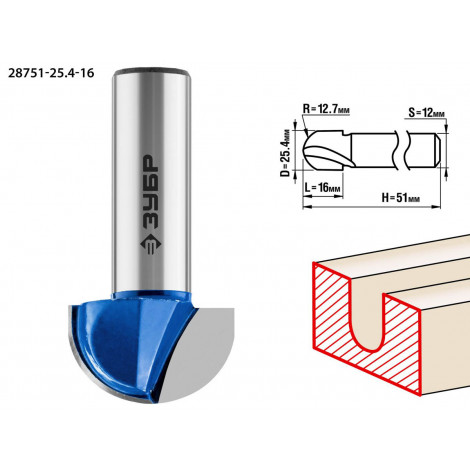 Фреза пазовая галтельная ЗУБР D=25.4 мм 28751-25.4-16