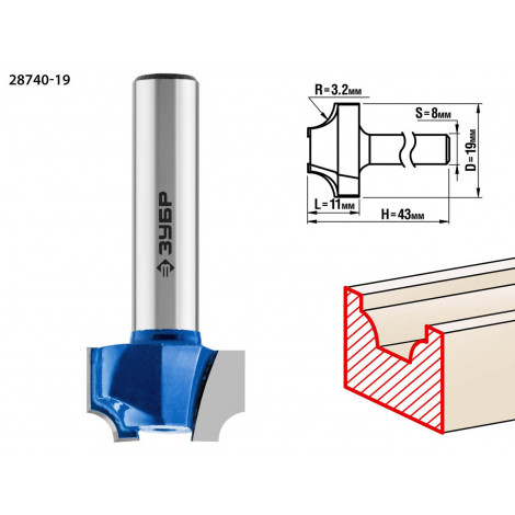Фреза пазовая фасонная №1 ЗУБР D=19 мм 28740-19