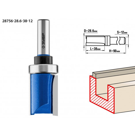 Фреза пазовая прямая с верхним подшипником ЗУБР D=28.6 мм 28756-28.6-38-12