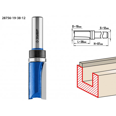 Фреза пазовая прямая с верхним подшипником ЗУБР D=19 мм 28756-19-38-12