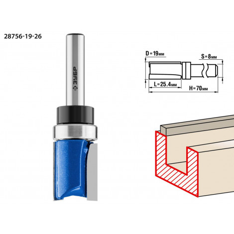 Фреза пазовая прямая с верхним подшипником ЗУБР D=19 мм 28756-19-26
