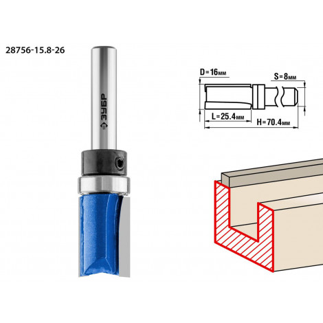 Фреза пазовая прямая с верхним подшипником ЗУБР D=16 мм 28756-15.8-26