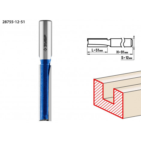 Фреза пазовая прямая с нижними подрезателями ЗУБР D=12 мм 28755-12-51