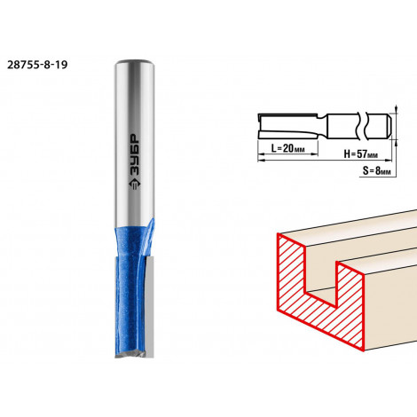 Фреза пазовая прямая с нижними подрезателями ЗУБР D=8 мм 28755-8-19