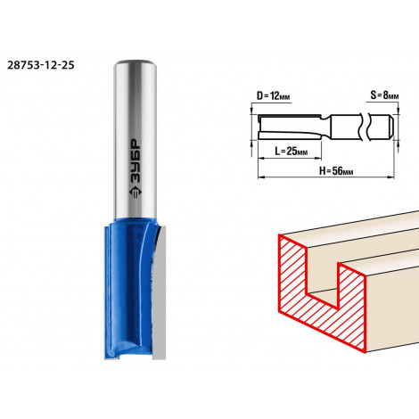 Фреза пазовая прямая ЗУБР D=12 мм 28753-12-25