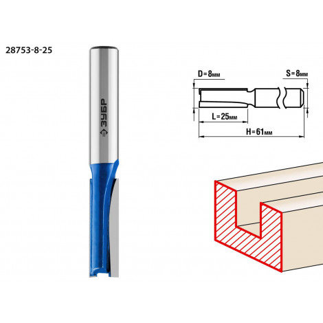 Фреза пазовая прямая ЗУБР D=8 мм 28753-8-25
